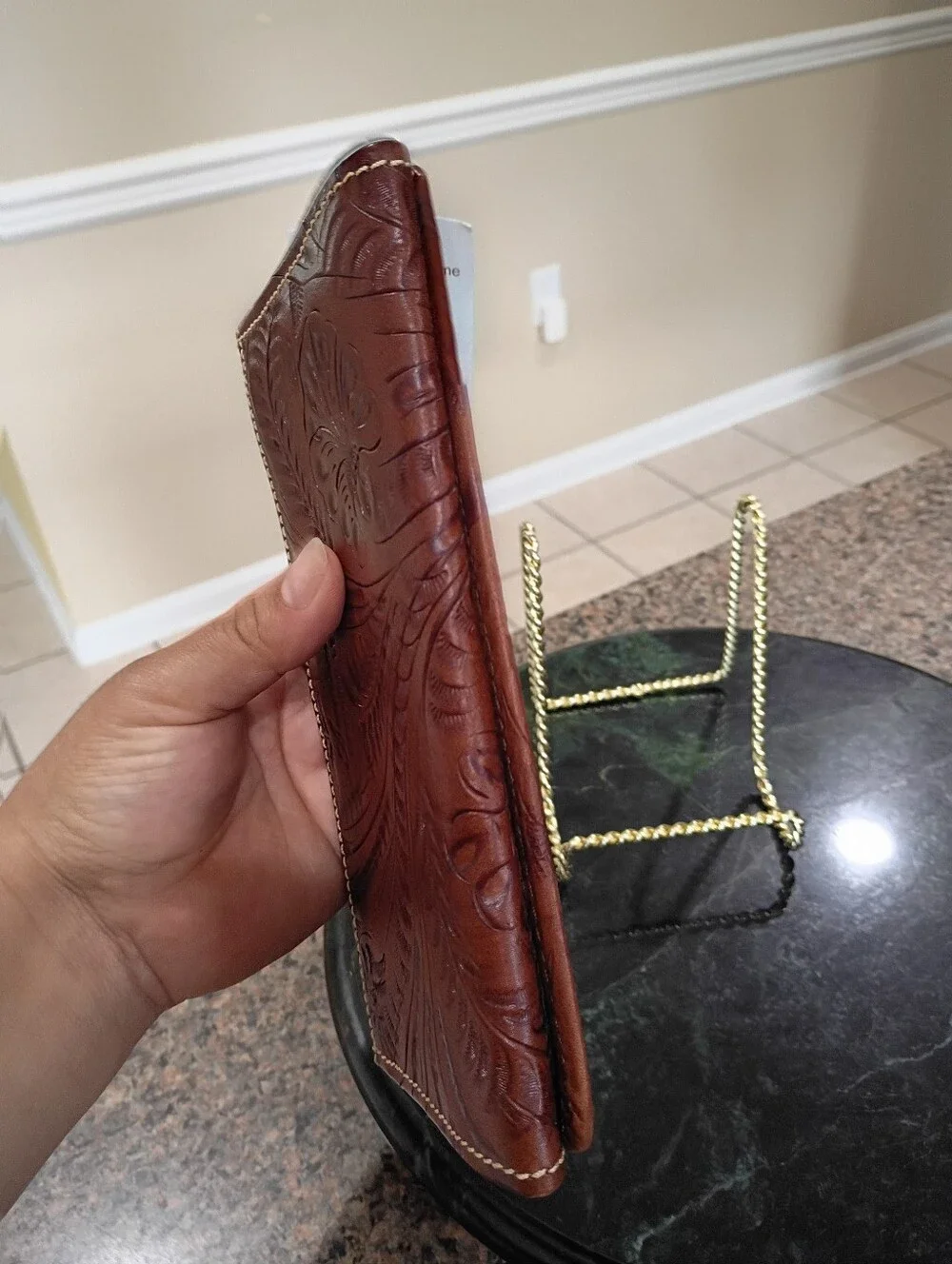 American West Handcrafted Brown Leather Clutch with Red Rose Embroidery
